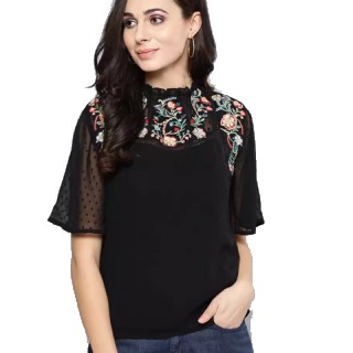 HARPA  Casual Flared Sleeve Embroidered Women Black Top at Rs.764